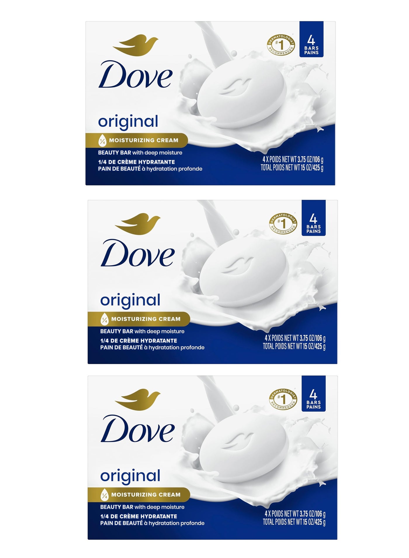Dove 3 Pack Dove Original Beauty Soap Bar Gentle Skin Cleanser Moisturizing for Gentle Soft Skin Care  Made With 1/4 Moisturizing Cream